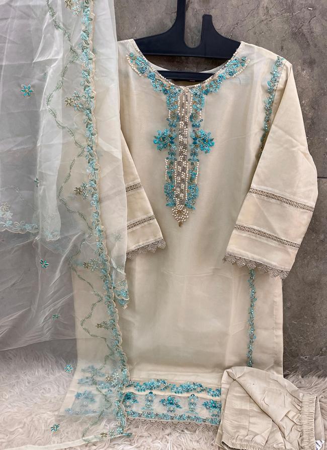 Organza Cream Traditional Wear Embroidery Work Readymade Pakistani Suit